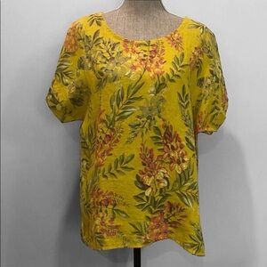 Bellambra Linen Mustard Floral Print Blouse Size L – Soft, Lightweight & Vibrant